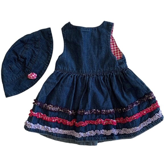 Potato Tomato Girls Size 9M Dress Denim Plaid Tiered Ruffle Dress and Hat Set - Picture 2 of 9
